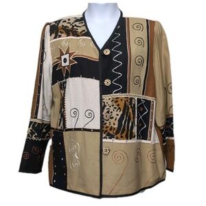 VTG Indigo Moon Patchwork Jacket Womens Size 1X Animal Print Tapestry Brown Tan